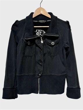 BCBG BCBGMAXAZRIA Black Y2K Goth Moto Track Jacket Rhinestone Logo Streetwear